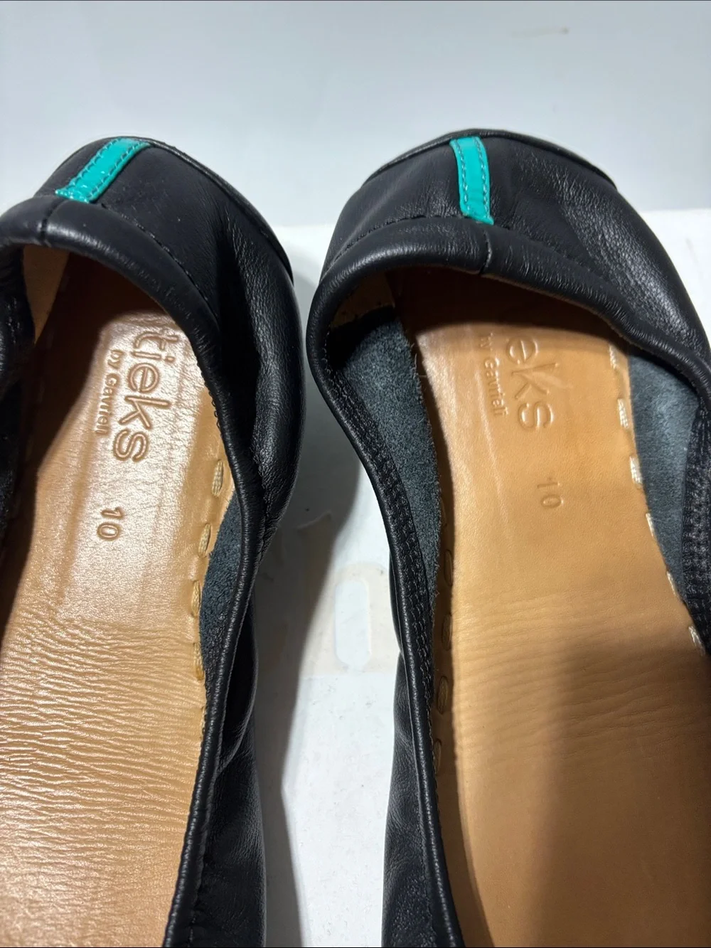 Tieks Black Leather Ballet Flats with Teal Heel Tab - Picture 3 of 7